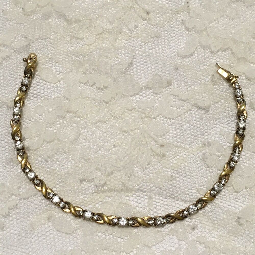 Vintage Gold tone Bracelet Clear Stones Snap Clasp Criss Cross Link Chain